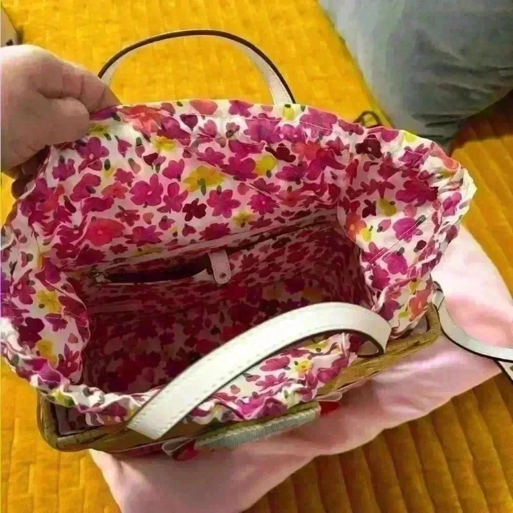 Kate Spade Basket Wicker Handbag with handmade needlepoint heart and pink ribbon